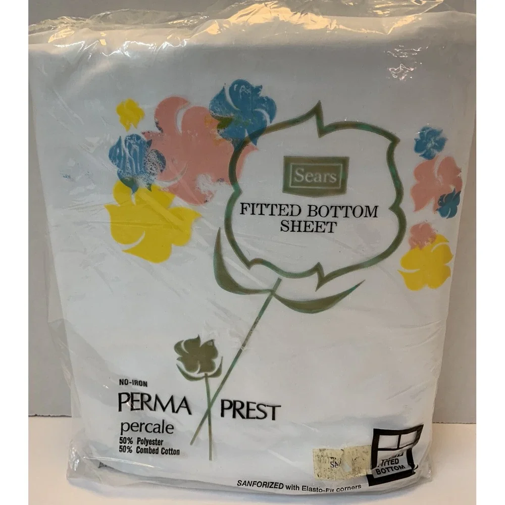 Vintage New Old Stock Sears Full Fitted Bottom Sheet White Combed Percale Cotton